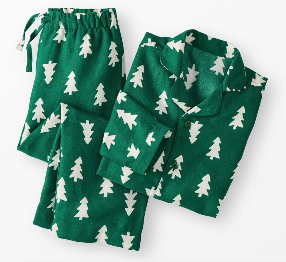 Hanna Anderson Holiday Flannel Pajama Set in Happy Trees on Green